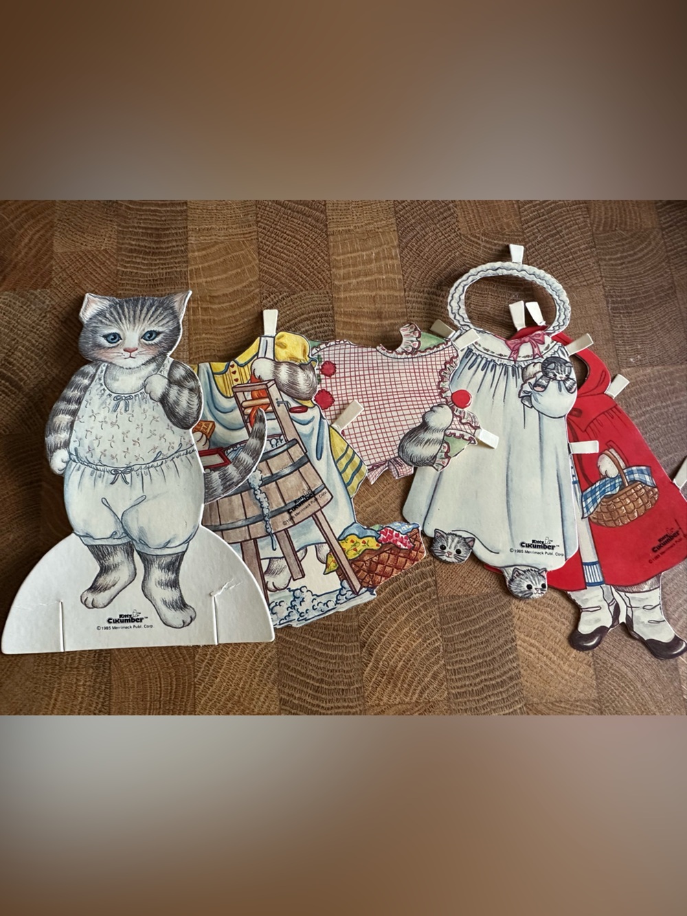 Kitty Cucumber Paper Dolls. Shackman 1980s. Cat doll and 4 outfits. Pre-loved.